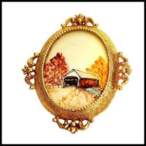 Vintage Florenza Pedant Hand Painted Fall Trees House Gold Tone Brooch Pin‎